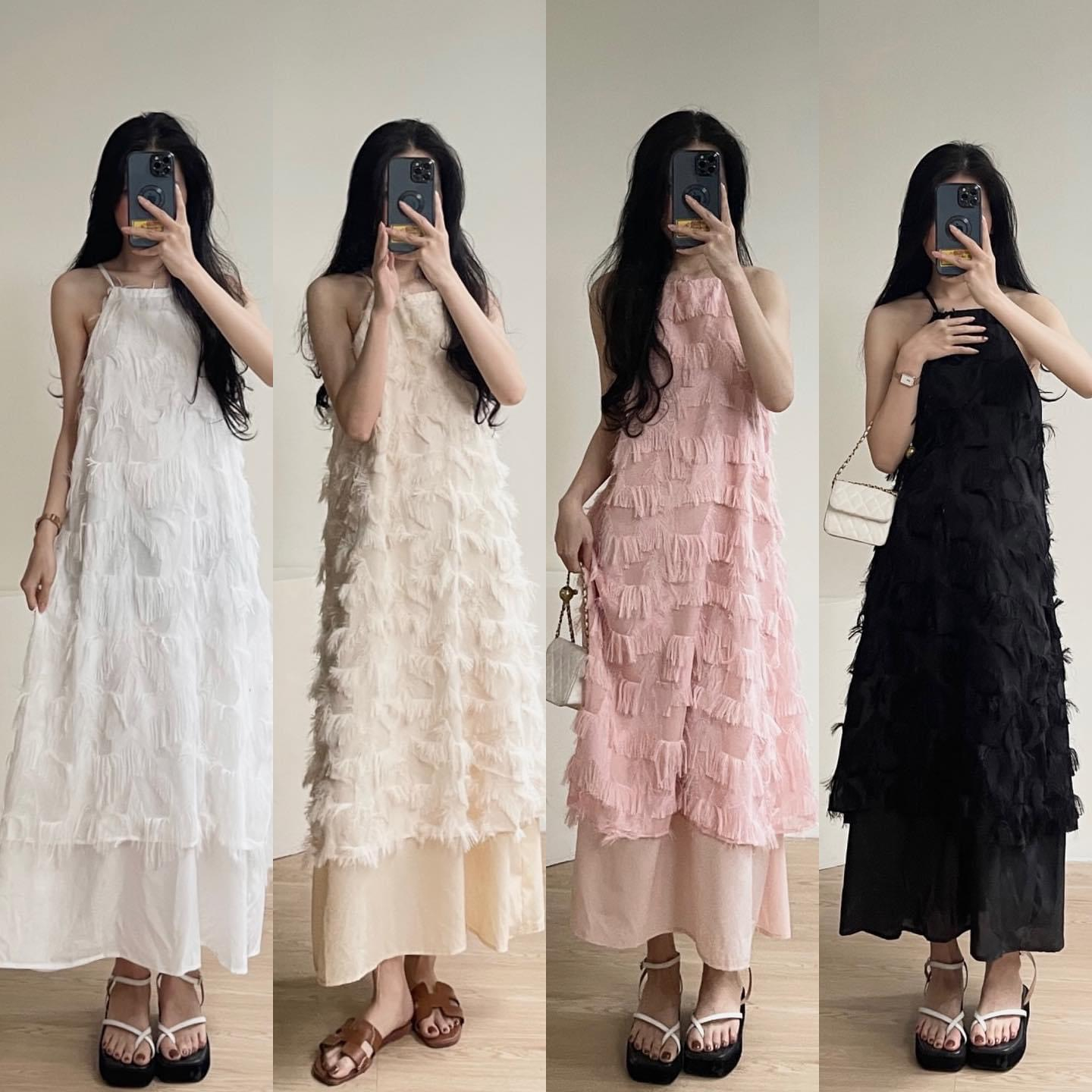 Váy Maxi Cổ Yếm Lông Vũ 4 Màu, Váy Đi Biển Váy Dài Maxi (Size S/M)