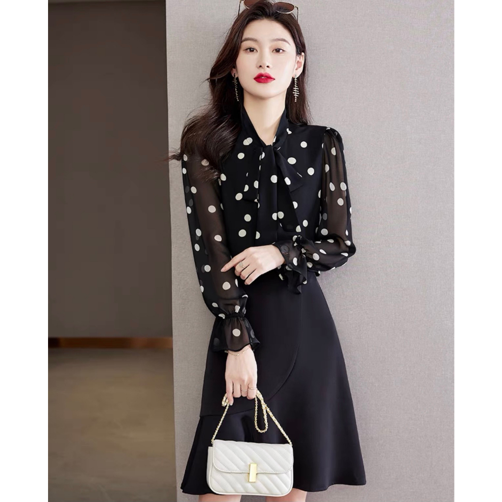 Áo Sơ Mi trung niên nữ U30 U40 U50,Áo Sơ Mi Nữ Chấm Bi To Tay Dài Cổ Nơ HT_ Thời Trang Trung Niên