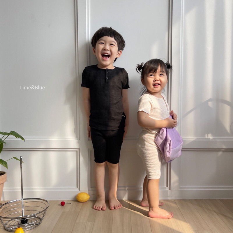 Lime&blue bộ thun gân cổ cài cúc thoáng mát mặc hè