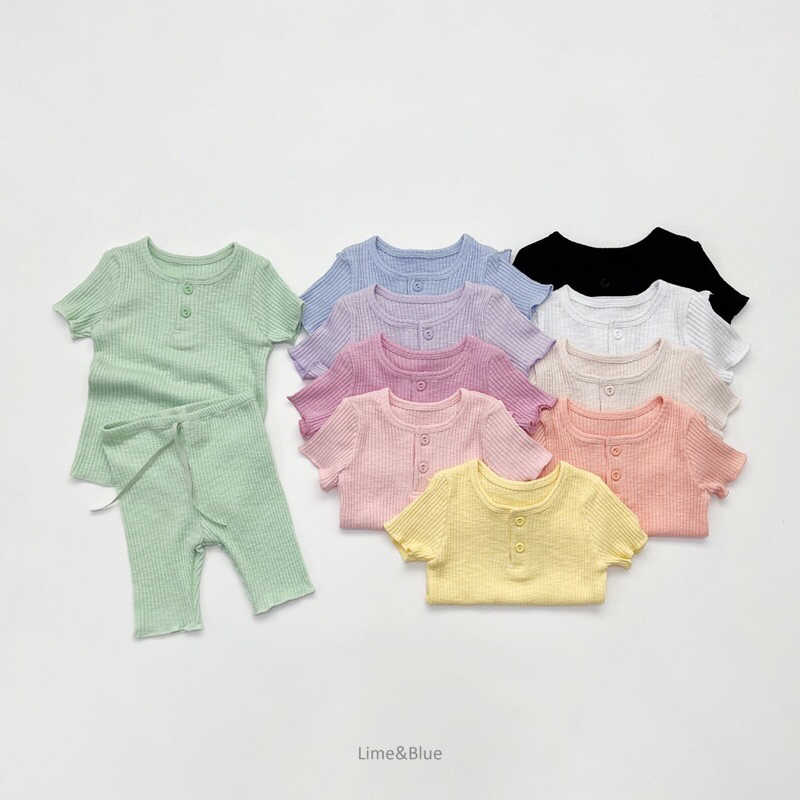 Lime&blue bộ thun gân cổ cài cúc thoáng mát mặc hè