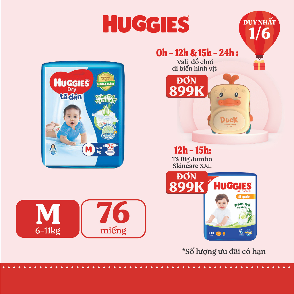 Tã dán Huggies Tràm Trà Tự Nhiên Dry M76/L68/XL62/XXL56