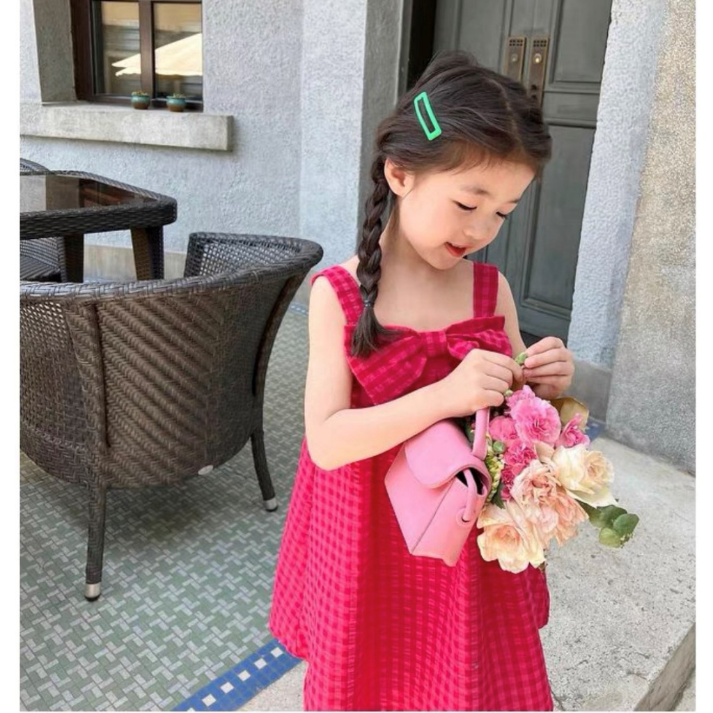 Váy bé gái, đầm bé gái kẻ Caro có nơ dễ thương cho bé
