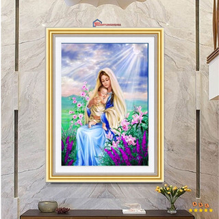 Tranh đính đá VS146 (60cm x 50cm), tranh thêu chữ thập đức mẹ bồng chúa LV3334 (47cm x 55cm)