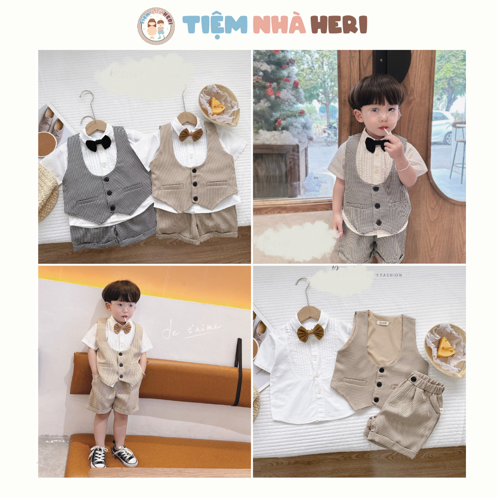 Bộ ghi lê sơ mi cho bé trai Hàn Quốc kèm nơ TIỆM NHÀ HERI size từ 8kg đến 23kg