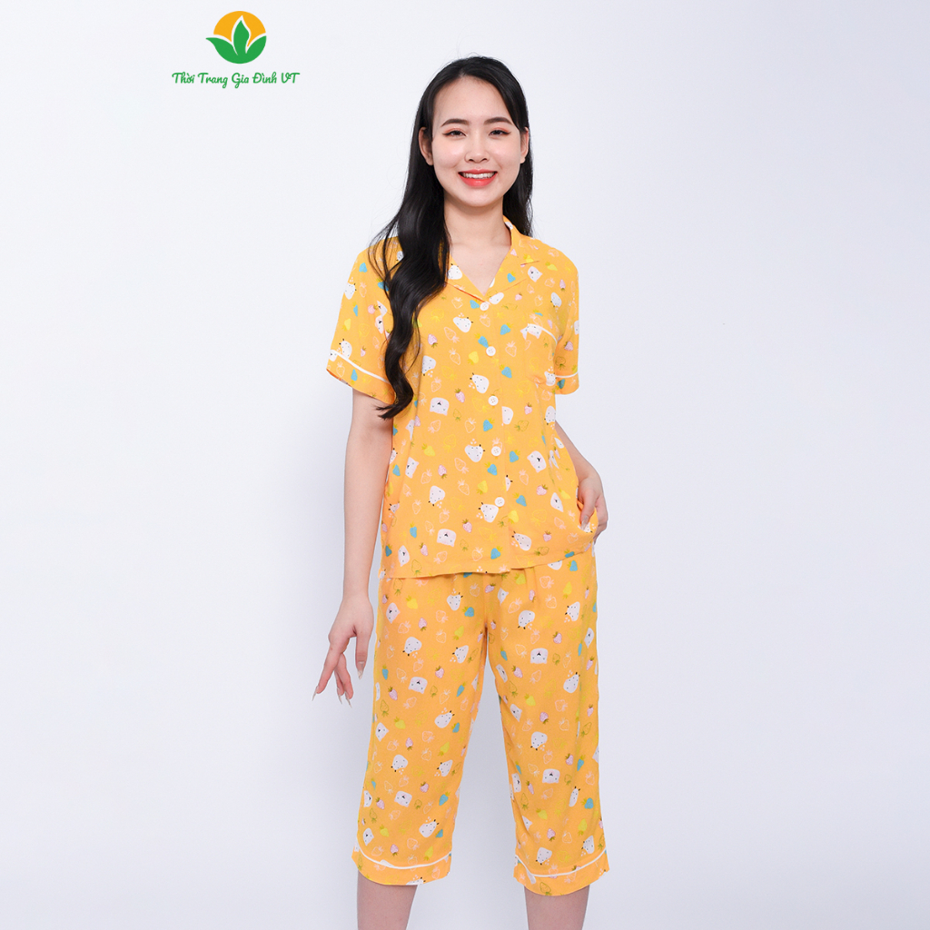 Bộ pijama Việt Thắng nữ mùa hè, quần lửng, áo ngắn tay chất Lanh - B06.2216