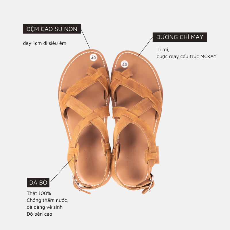 MH03- Dép Sandal nam xỏ ngón quai hậu da bò sáp & Unisex Đế 2 Lớp Cao Su Nguyên Khối - Thương Hiệu Mehai