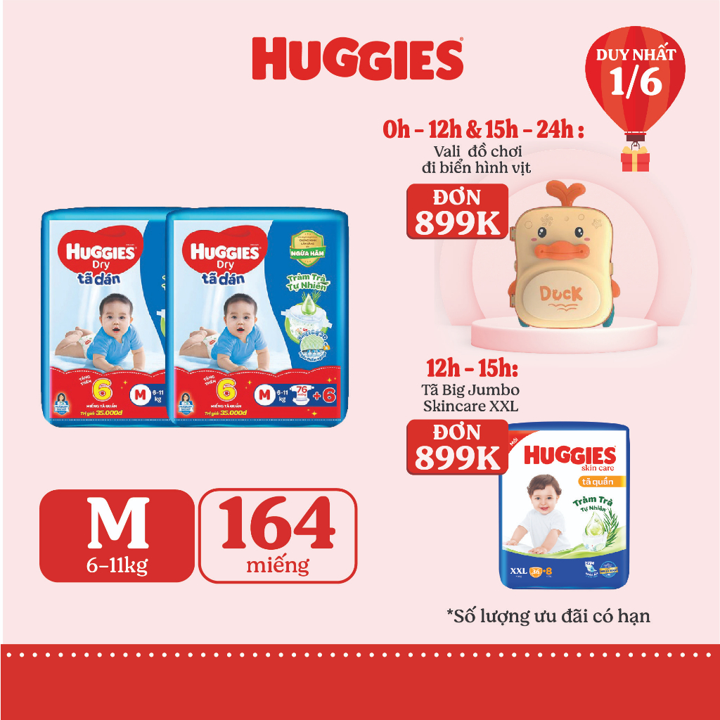 Combo 2 Tã dán Huggies Tràm Trà Tự Nhiên Dry M76 + Tặng 6 miếng