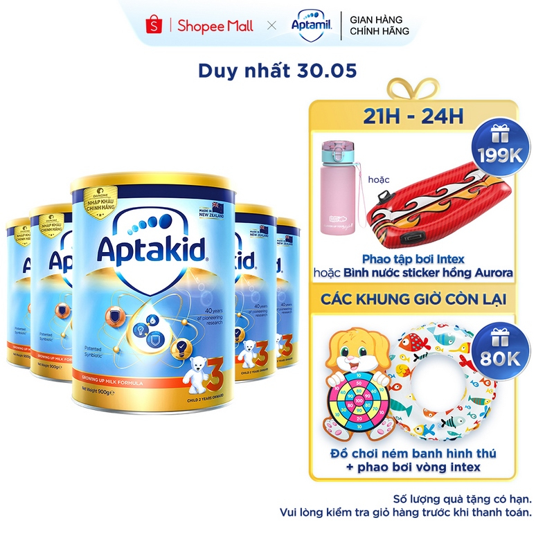 Combo 5 Sữa bột Aptakid New Zealand hộp thiếc 900g cho bé từ 24 tháng