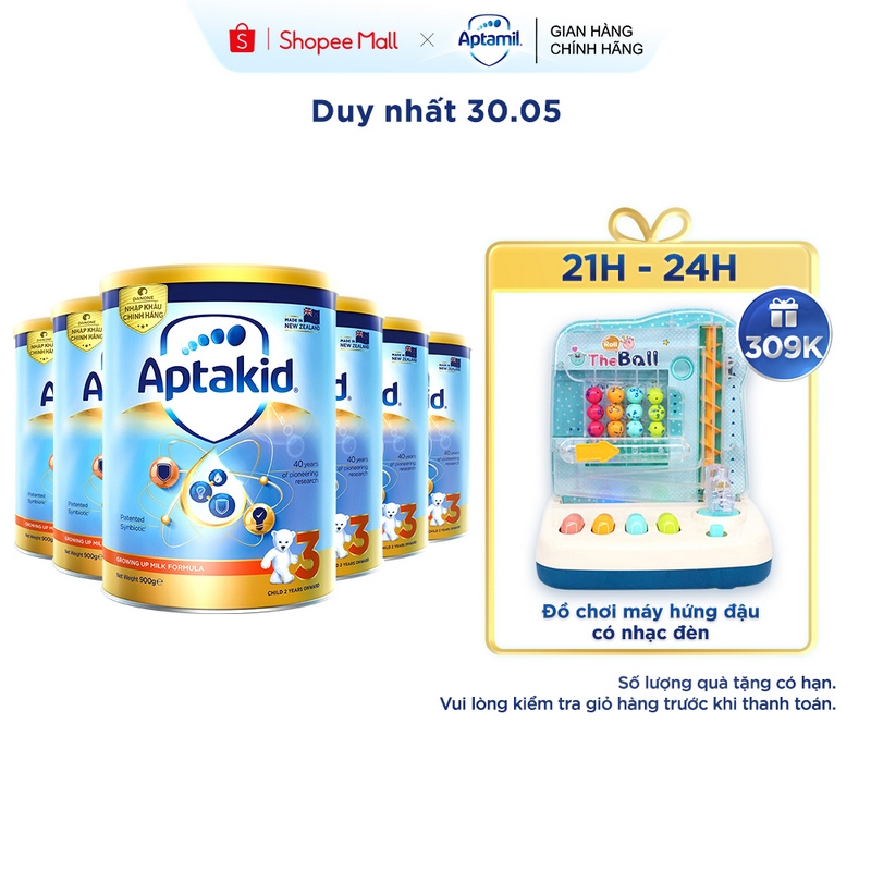 Combo 6 Sữa bột Aptakid New Zealand hộp thiếc (900g/lon) cho bé từ 24 tháng tuổi