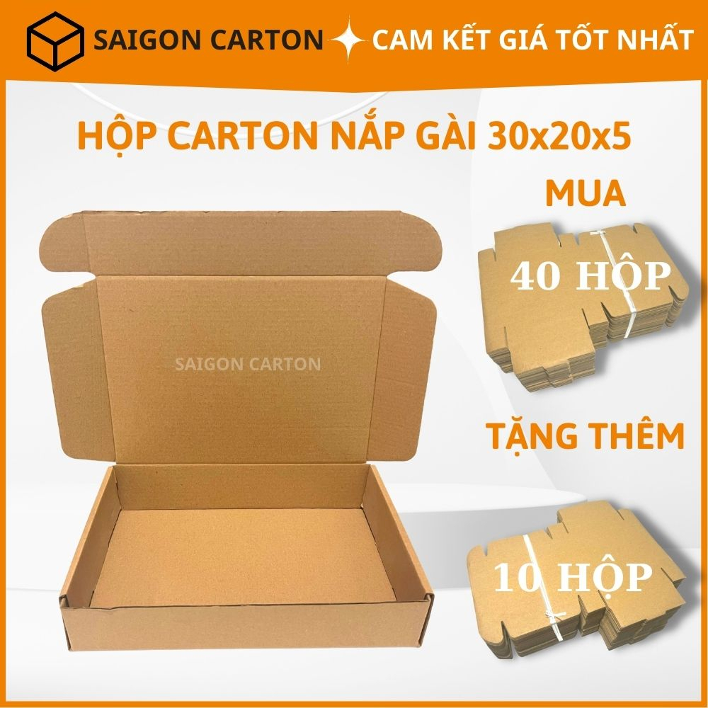 Hộp carton đóng gói hàng cho shop thời trang size 30x20x5 nắp gài - Mua 40 tặng 10 - sản xuất bởi SÀI GÒN CARTON