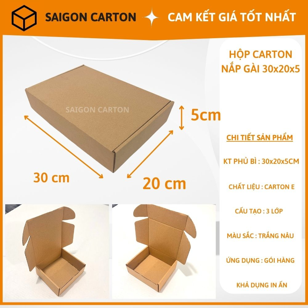 Hộp carton đóng gói hàng cho shop thời trang size 30x20x5 nắp gài - Mua 40 tặng 10 - sản xuất bởi SÀI GÒN CARTON