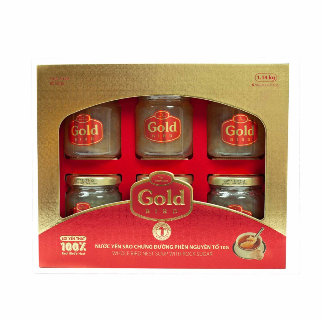 Hộp Quà Nước Yến Sào Nguyên Tổ Chưng Đường Phèn Gold Bird - NUTRINEST - 6 hũx190g