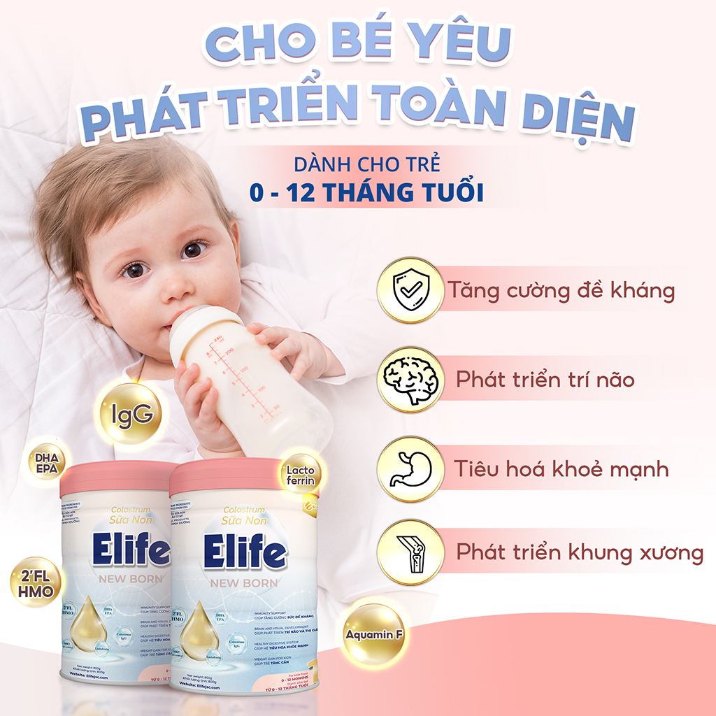 Sữa non cho trẻ và bé sơ sinh Elife 1 (800g) bổ sung canxi-mk7-d3-dha-epa phát triển trí não, cân nặng, tăng đề kháng