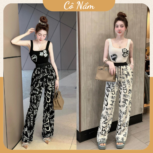 Set Áo Croptop Áo Balo Sát Nách CN Mix Quần Suông Dài Ống Rộng Freesize