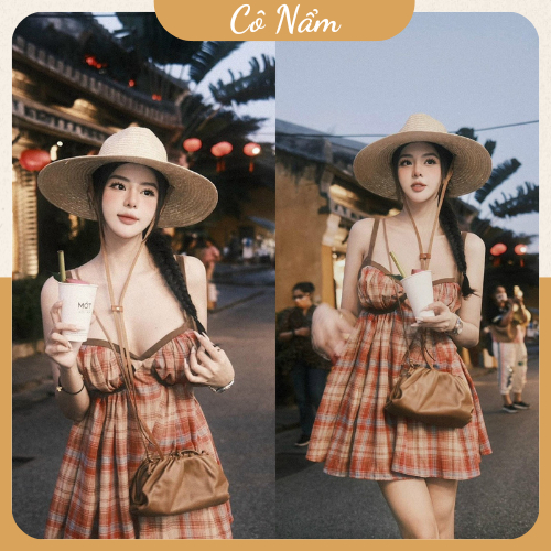 Váy Babydoll Nữ 2 Dây Váy Đầm Nữ 2 Dây Kẻ Caro Cúp Ngực Dáng Xoè Ngắn Tiều Thư Siêu Xinh