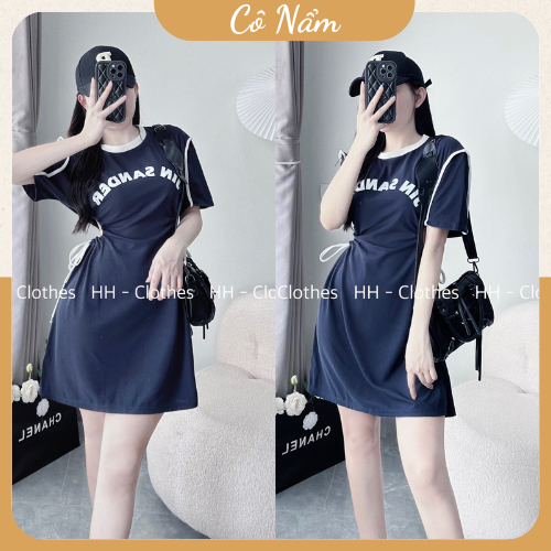 Váy Nữ Dáng Ngắn Váy Đầm Nữ Xanh Than Chữ San Der Chạy Rót Nổi Khoét Eo Sườn Có Dây Rút