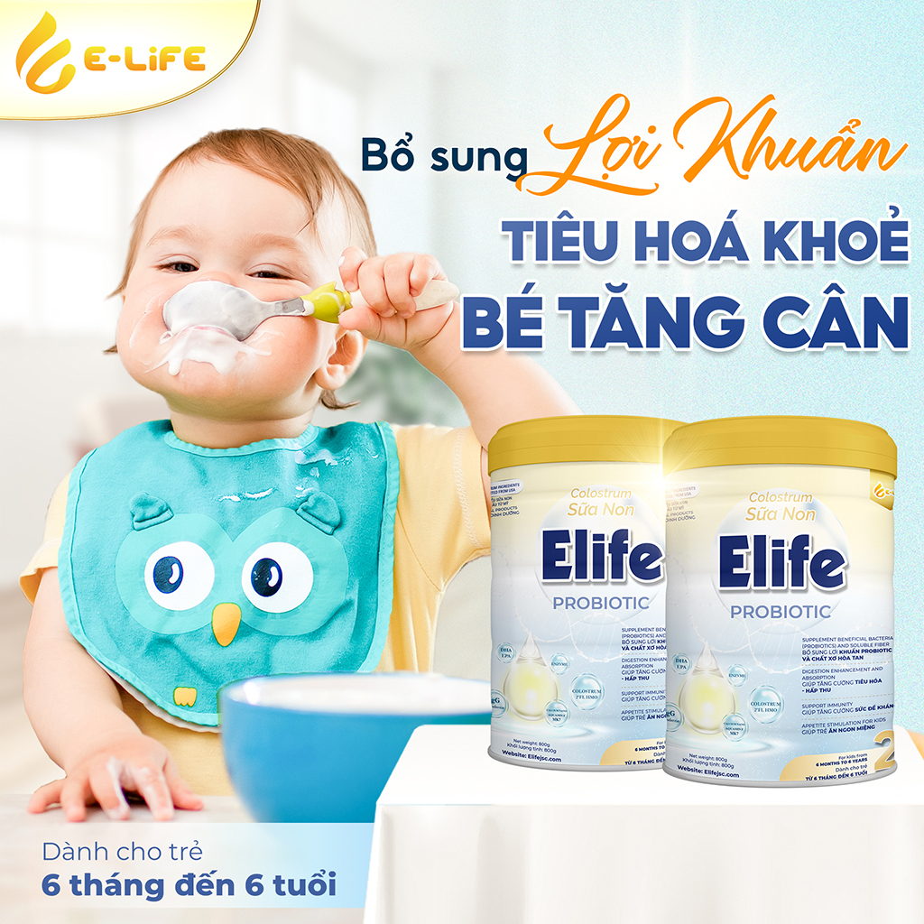 Sữa non cho trẻ từ 1 - 6 tuổi Elife 2 Probiotic giúp tăng cân, hết biếng ăn, thấp còi, tiêu hóa kém dạng lon 800g