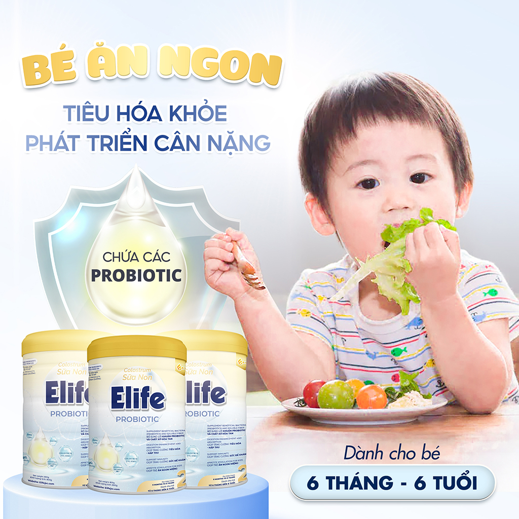 Sữa non cho trẻ từ 1 - 6 tuổi Elife 2 Probiotic giúp tăng cân, hết biếng ăn, thấp còi, tiêu hóa kém dạng lon 800g