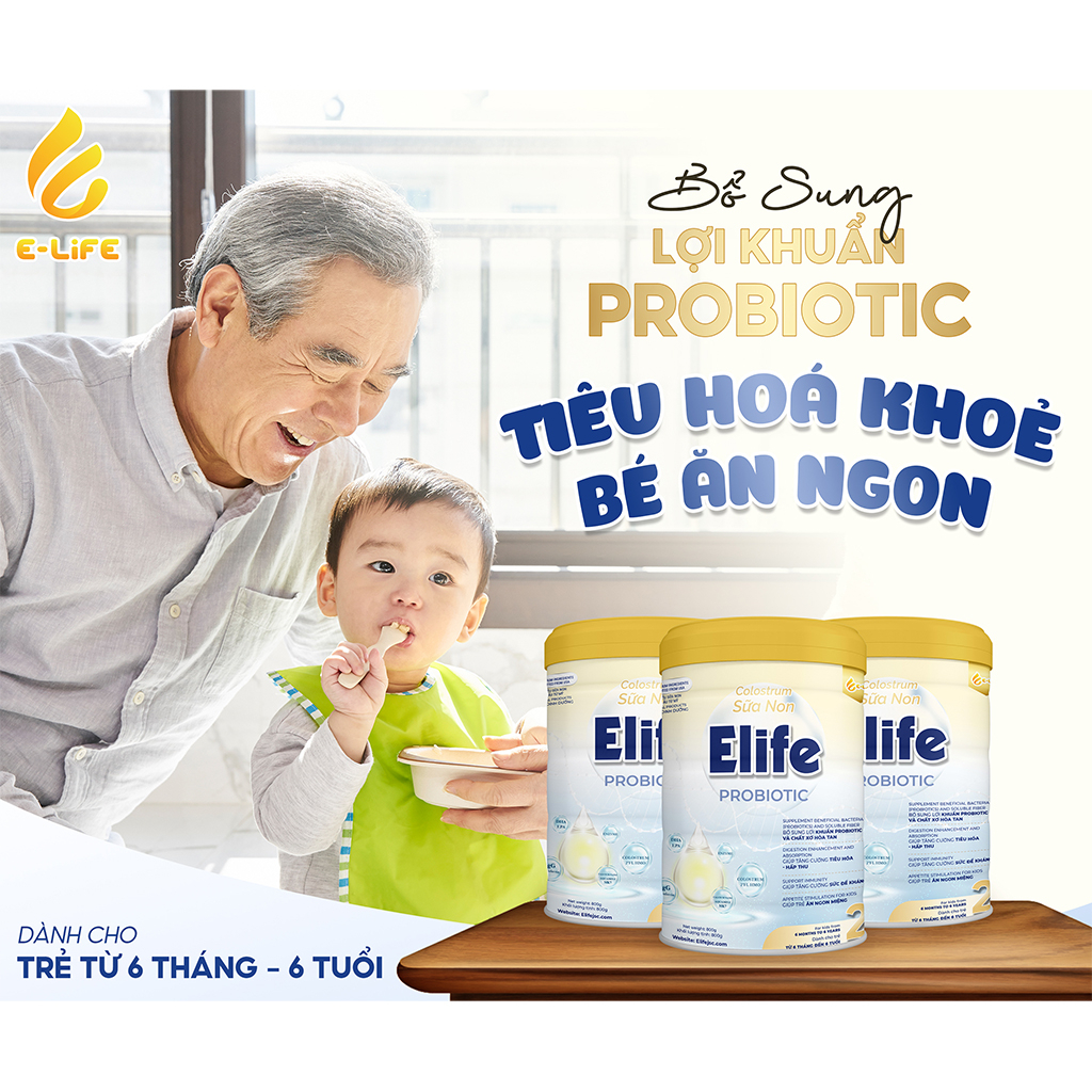 Sữa non cho trẻ từ 1 - 6 tuổi Elife 2 Probiotic giúp tăng cân, hết biếng ăn, thấp còi, tiêu hóa kém dạng lon 800g