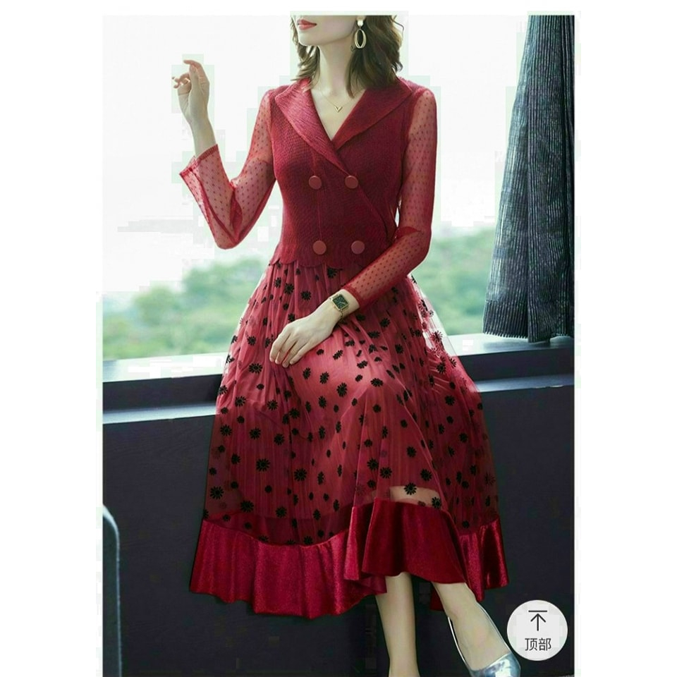 HÀNG NHẬP - ĐẦM DẬP LY REN LƯỚI CỔ VEST CHÂN VÁY HỌA TIẾT CHẤM BI PHỐI NHUNG MÀU ĐỎ CAO CẤP - BH22500