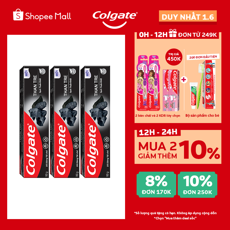 Bộ 3 Kem đánh răng Colgate sạch khuẩn từ Than tre Hàn Quốc & Bạc hà 180g