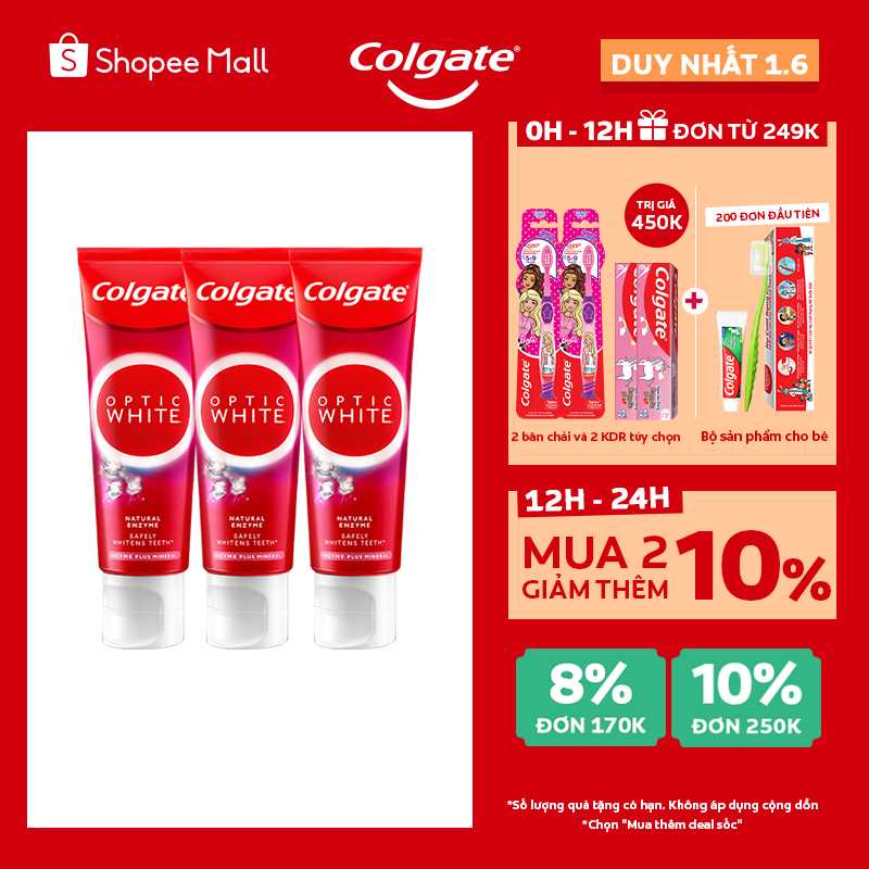 Bộ 3 Kem Đánh Răng Colgate trắng răng Optic White từ enzyme hương đào 80g