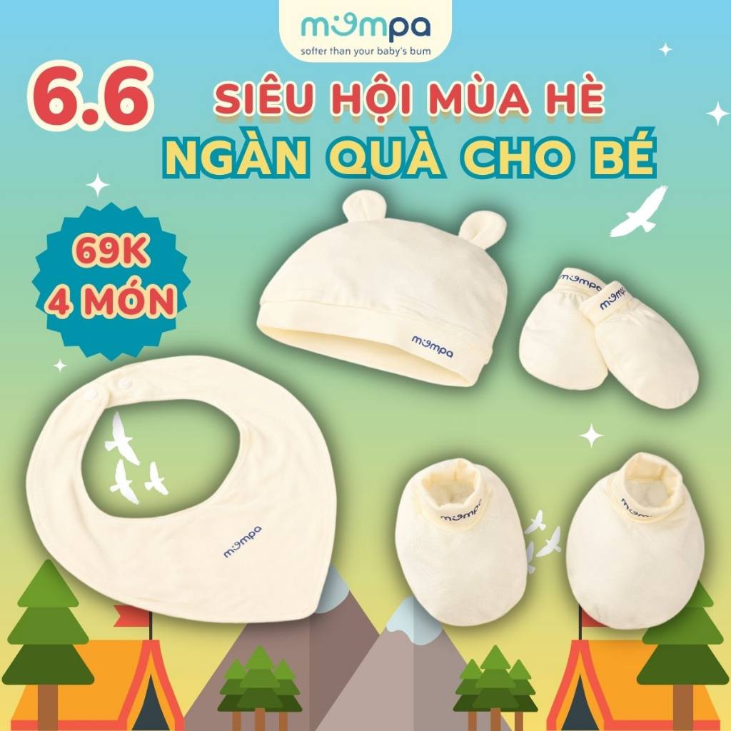 SET bao tay chân mũ yếm sơ sinh cho bé Mompa vải sợi tre mềm mịn co giãn 917