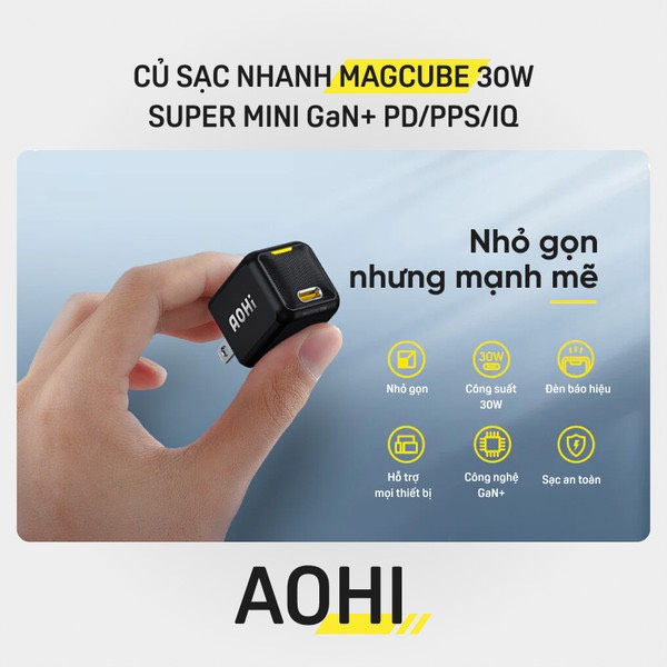 Củ sạc nhanh 30W siêu nhỏ AOHI MAGCUBE PD Mini Fast Charger AOC-C001 hỗ trợ PD3.0/PPS/IQ