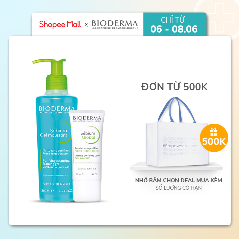 Bộ đôi gel rửa mặt cho da hỗn hợp và da dầu Bioderma Sebium Gel Moussant 200ml và kem dưỡng giảm mụn Global 30ml