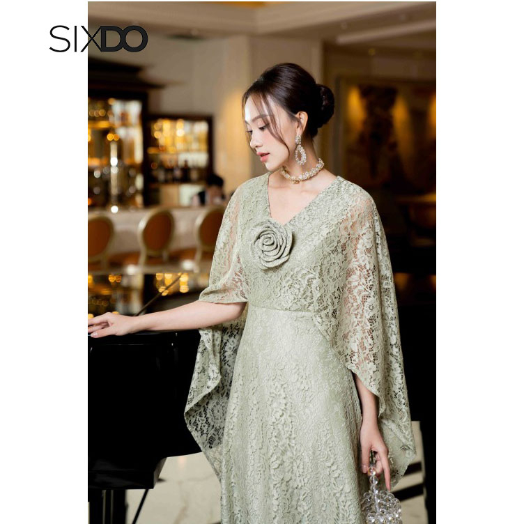 Đầm ren suông SIXDO (Green Nuggets V-neck Midi Lace Dress)