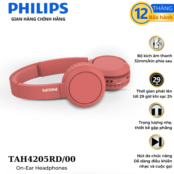 Tai nghe Philips chính hãng Bluetooth TAH4205RD/00
