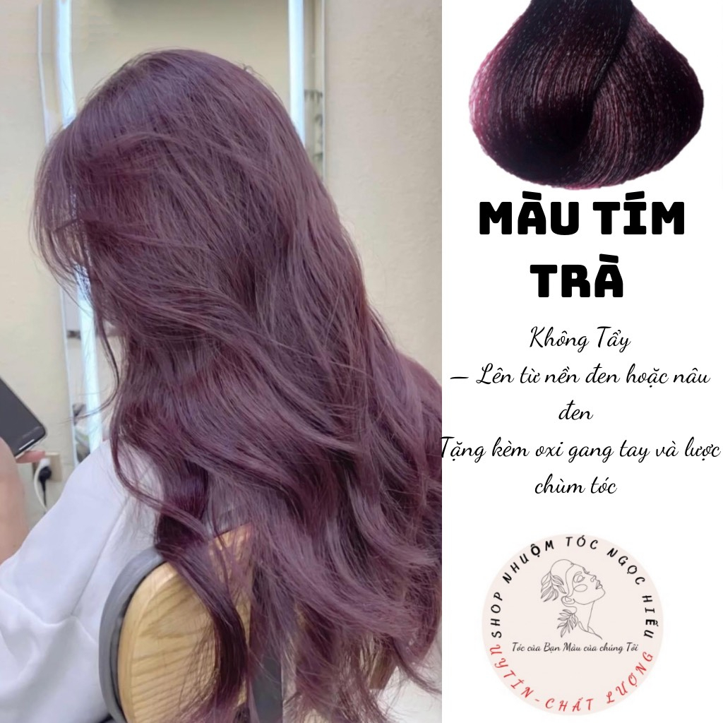Thuốc Nhuộm Tóc MÀU TÍM TRÀ ( không Tẩy) Gồm thuốc nhuộm + Oxi trợ nhuộm + Găng Tay+lược+mũ chùm đầu+giấy hdsd
