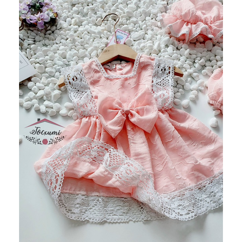 Set chip hồng phối ren xinh yêu cho bé thiết kế tơ hoa ép cao cấp - Tocxumi