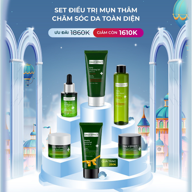 Combo Set 6 sản phẩm DAILY EFFECT Kem Chấm Mụn Serum Dưỡng Ẩm Gel Tẩy Tế Bào Chết Sữa Rửa Mặt Nước Hoa Hồng Serum Dưỡng