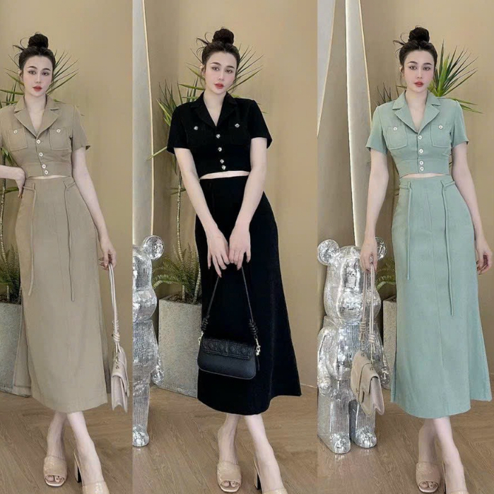 Sét váy nữ áo kiểu vest công sở hàng nút thiết kế cổ v túi hộp mix chân váy cotton lạnh thanh lịch sang trọng quyến rũ