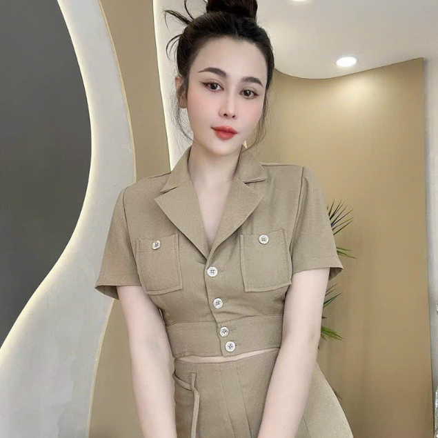 Sét váy nữ áo kiểu vest công sở hàng nút thiết kế cổ v túi hộp mix chân váy cotton lạnh thanh lịch sang trọng quyến rũ