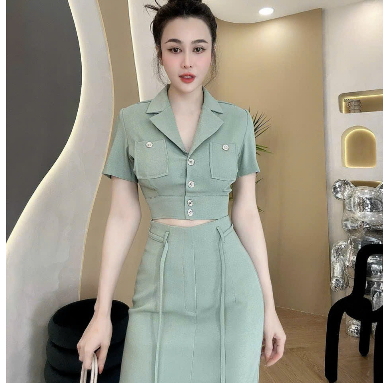 Sét váy nữ áo kiểu vest công sở hàng nút thiết kế cổ v túi hộp mix chân váy cotton lạnh thanh lịch sang trọng quyến rũ