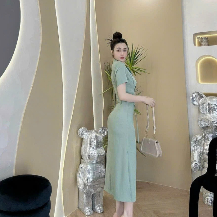 Sét váy nữ áo kiểu vest công sở hàng nút thiết kế cổ v túi hộp mix chân váy cotton lạnh thanh lịch sang trọng quyến rũ