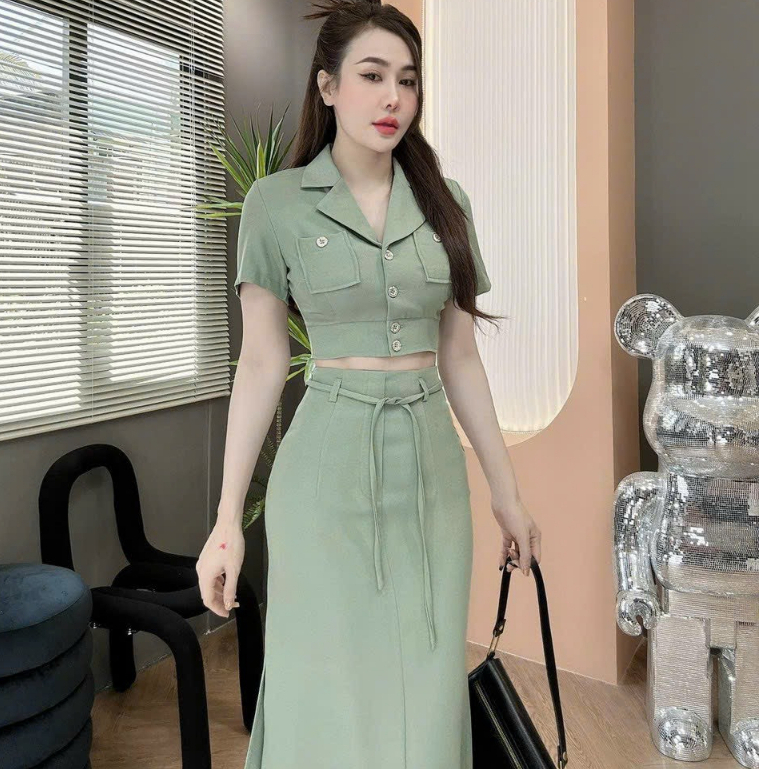 Sét váy nữ áo kiểu vest công sở hàng nút thiết kế cổ v túi hộp mix chân váy cotton lạnh thanh lịch sang trọng quyến rũ