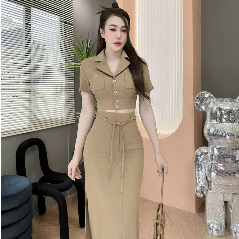 Sét váy nữ áo kiểu vest công sở hàng nút thiết kế cổ v túi hộp mix chân váy cotton lạnh thanh lịch sang trọng quyến rũ