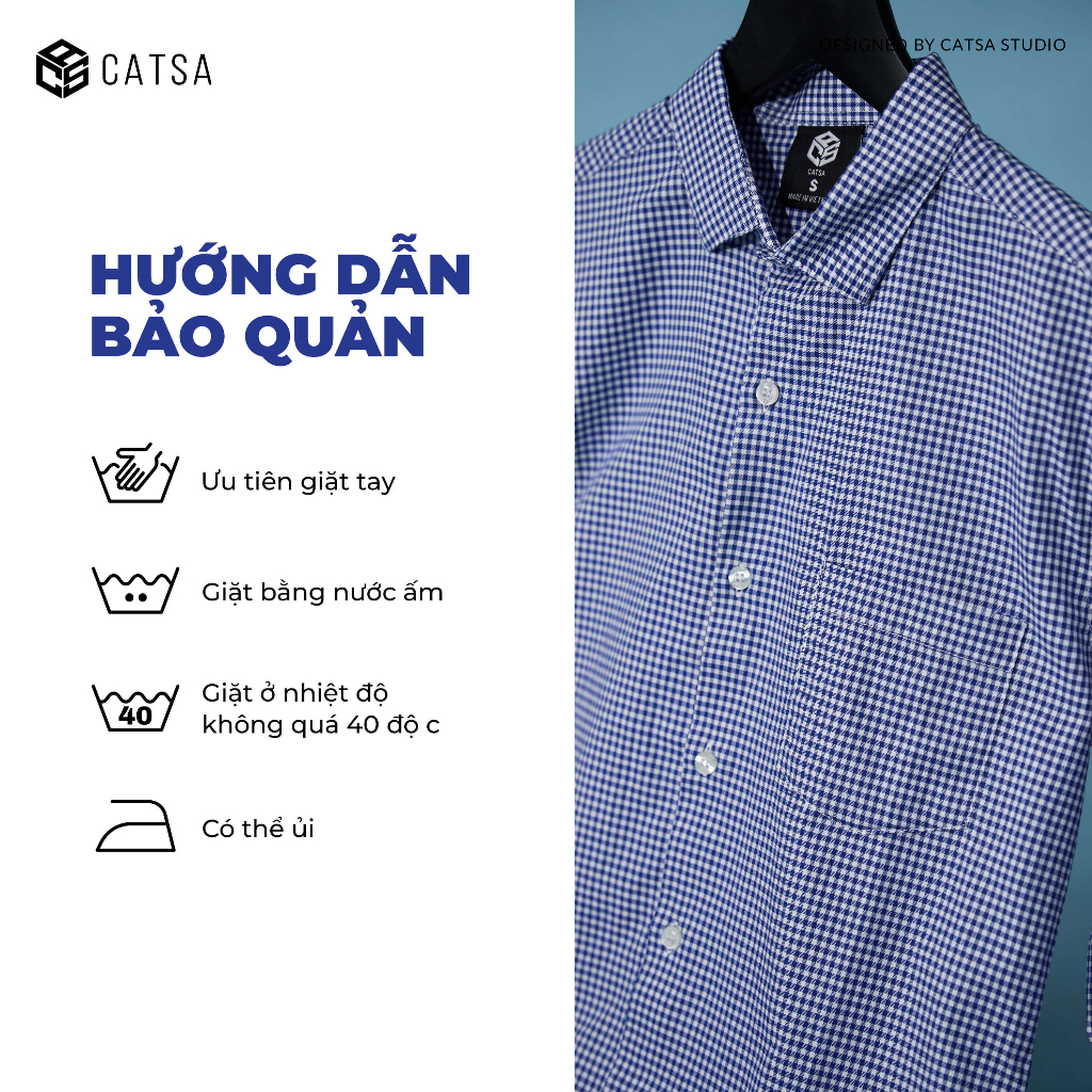 Áo sơ mi nam xanh dương caro, vải cotton thoáng mát, thấm hút mồ hôi tốt CATSA ASD027