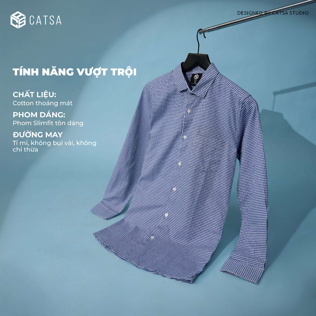 Áo sơ mi nam xanh dương caro, vải cotton thoáng mát, thấm hút mồ hôi tốt CATSA ASD027