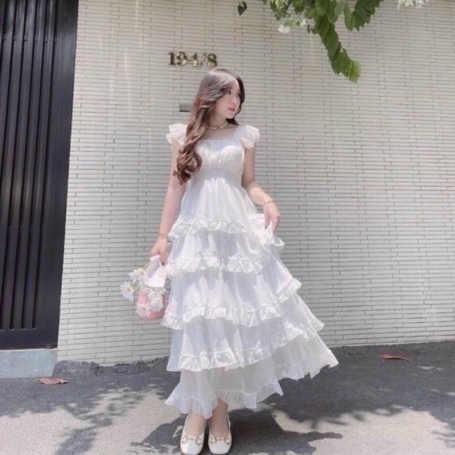 Đầm nữ dự tiệc 5 tầng, váy 2 dây 5 tầng dáng xòe công chúa màu trắng duyên dáng