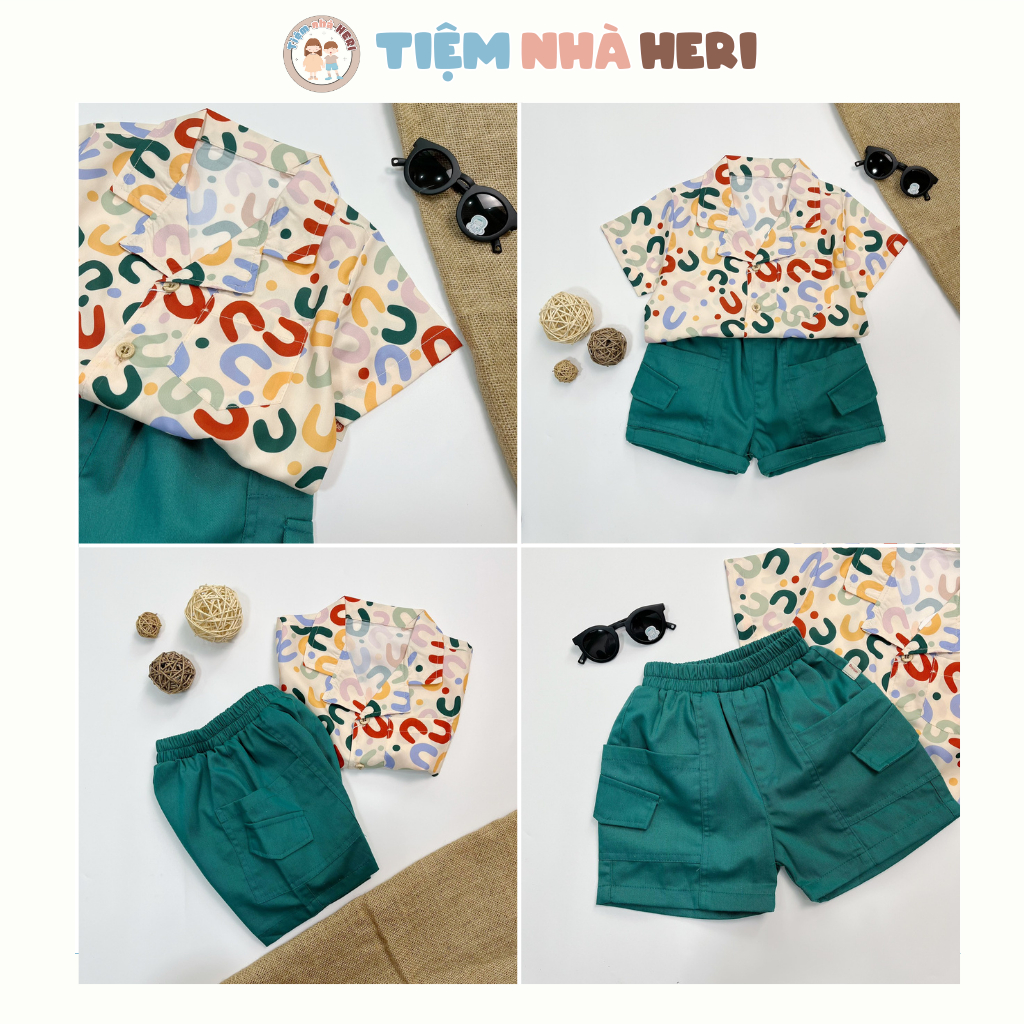 Set sơ mi lụa đi biển cho bé trai mùa hè 2023 TIỆM NHÀ HERI size từ 8kg đến 23kg