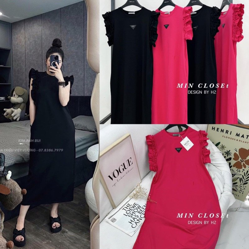 Đầm suông dáng dài, váy suông cánh tiên túi sườn có logo chất cotton dày dặn thời trang thanh lịch