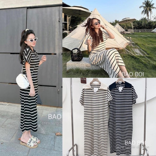 Váy suông dáng dài cổ bẻ chất cotton kẻ ngang xinh xắn - Đầm polo basic form dài kẻ freesize tay ngắn hai màu