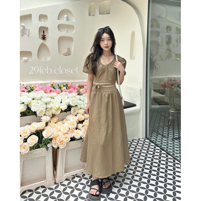 Set đũi gân nơ lưng, áo dáng croptop + chân váy dáng dài cực xinh