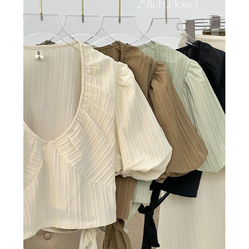 Set đũi gân nơ lưng, áo dáng croptop + chân váy dáng dài cực xinh