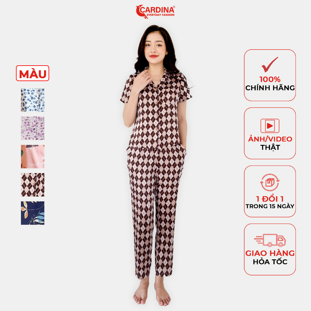 Đồ Bộ Pijama Nữ 𝐂𝐀𝐑𝐃𝐈𝐍𝐀 Chất Lụa Satin Nhật Cao Cấp Áo Cộc Tay Quần Dài Họa Tiết Trẻ Trung 2Pi15