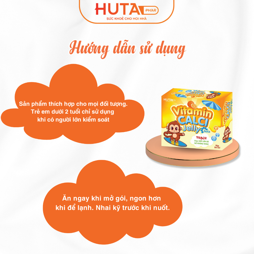 Thạch canxi cho bé VITAMIN CALCI HUTA, bổ sung canxi, D3K2, Kẽm cho trẻ, hộp 20 gói